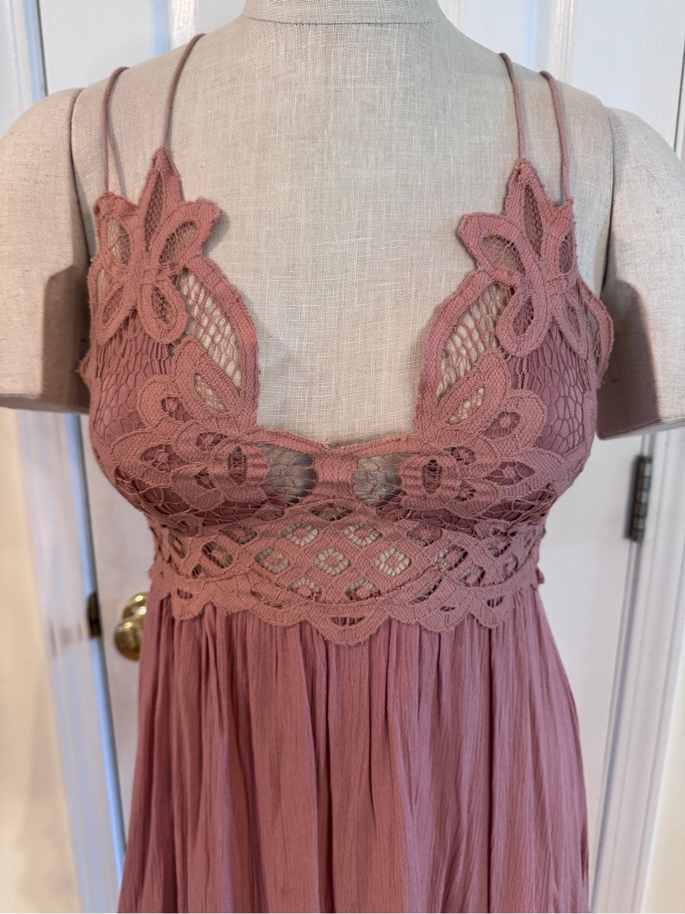 Free People One Dusty Rose Lace Slip Dress Boho Mini S Crochet Babydoll Festival - Picture 4 of 12